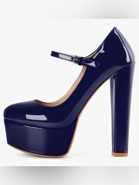 Patent Platform Mary Jane Pumps in Navy Blue